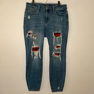 Judy Blue Women's size 14W Skinny Fit Medium Wash Red Plaid Distressed Jeans